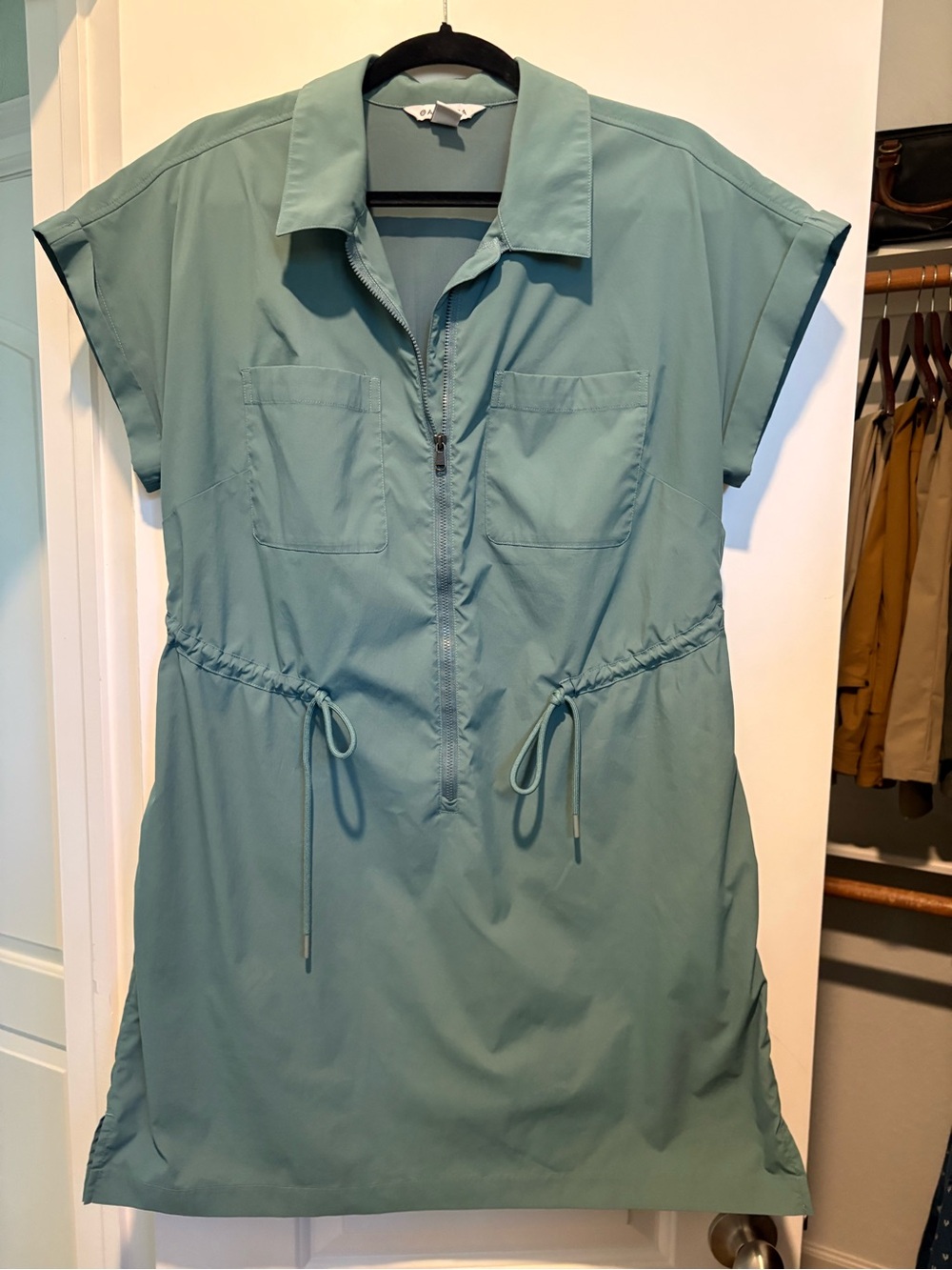 Athleta Utility Zip Front Shirt Dress in Sage Green
